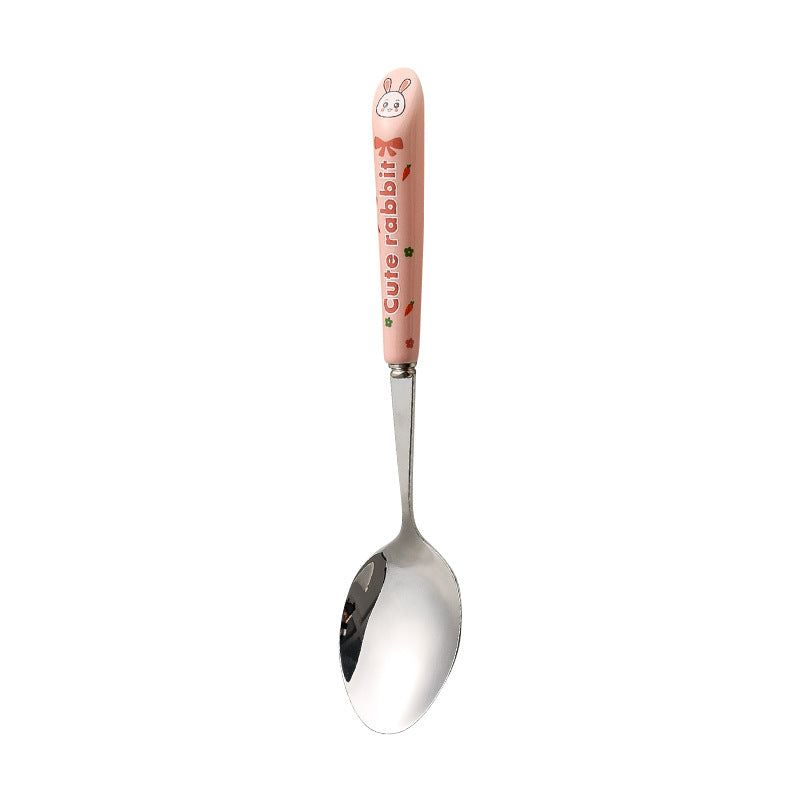 Cartoon stainless steel cutlery set: cute kids' forks with stylish ceramic handles, exquisite dessert spoons, and serving spoons