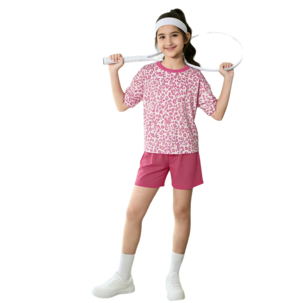 girls' tennis outfit set: pink leopard print short-sleeve top and rose red athletic shorts - summer casual two-piece set for kids