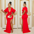 C6637 cross-border   fashion women's solid color v-neck ruched high-slit maxi dress