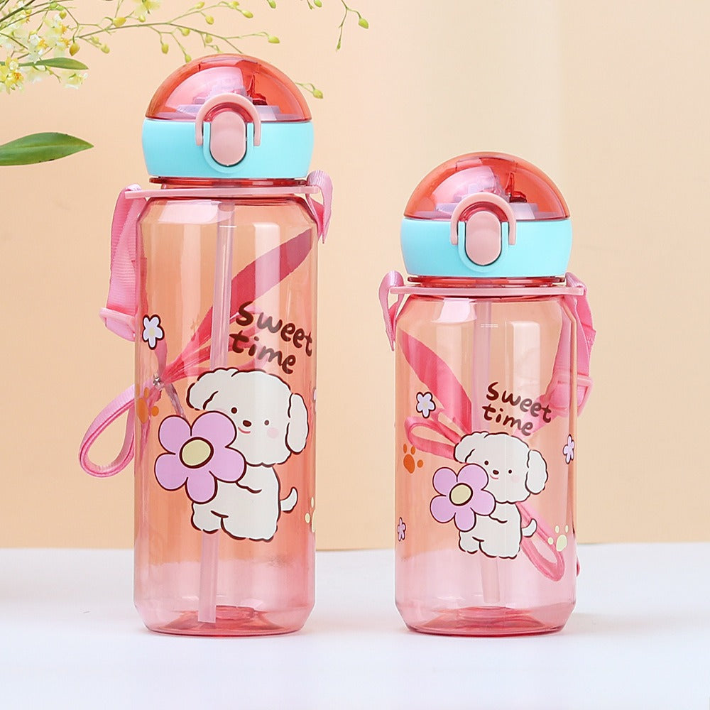 Pop-up plastic water cup cute cartoon food grade kids straw cup kindergarten strap water kettle portable water bottle