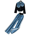 Stylish women's fall/winter outfit: premium patchwork long-sleeve denim top & high-waisted, slimming wide-leg straight-leg pants two-piece set