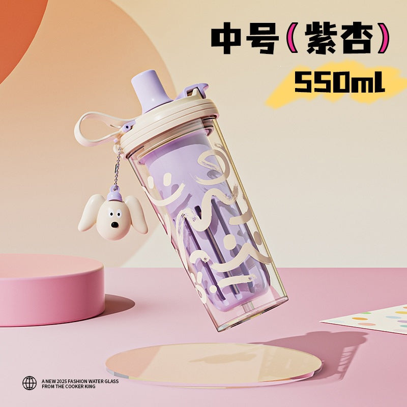 High-style summer double-walled water bottle, large capacity cartoon plastic straw cup, student and children's insulated water bottle with tea infuser, wholesale