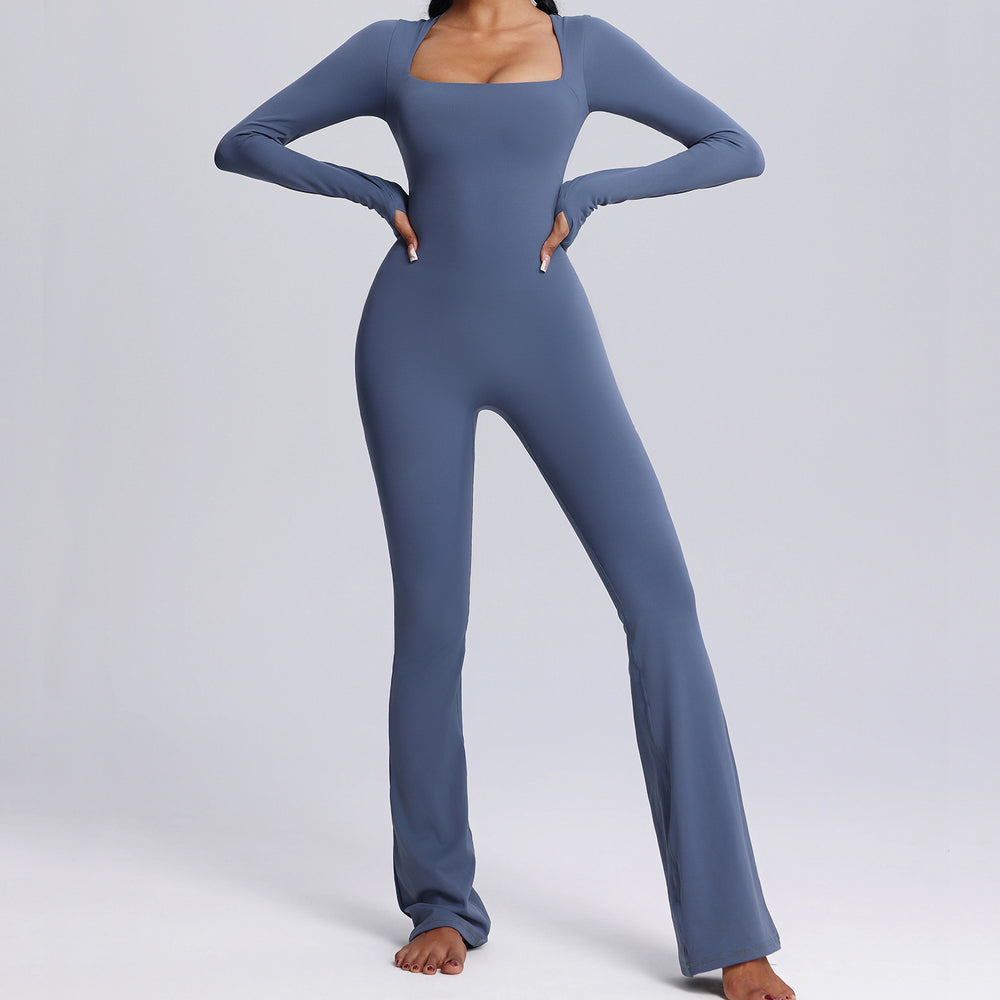 european and american new long-sleeve bodysuit yoga outfit - high-stretch, breathable dance & fitness activewear - women's flare leg bodysuit