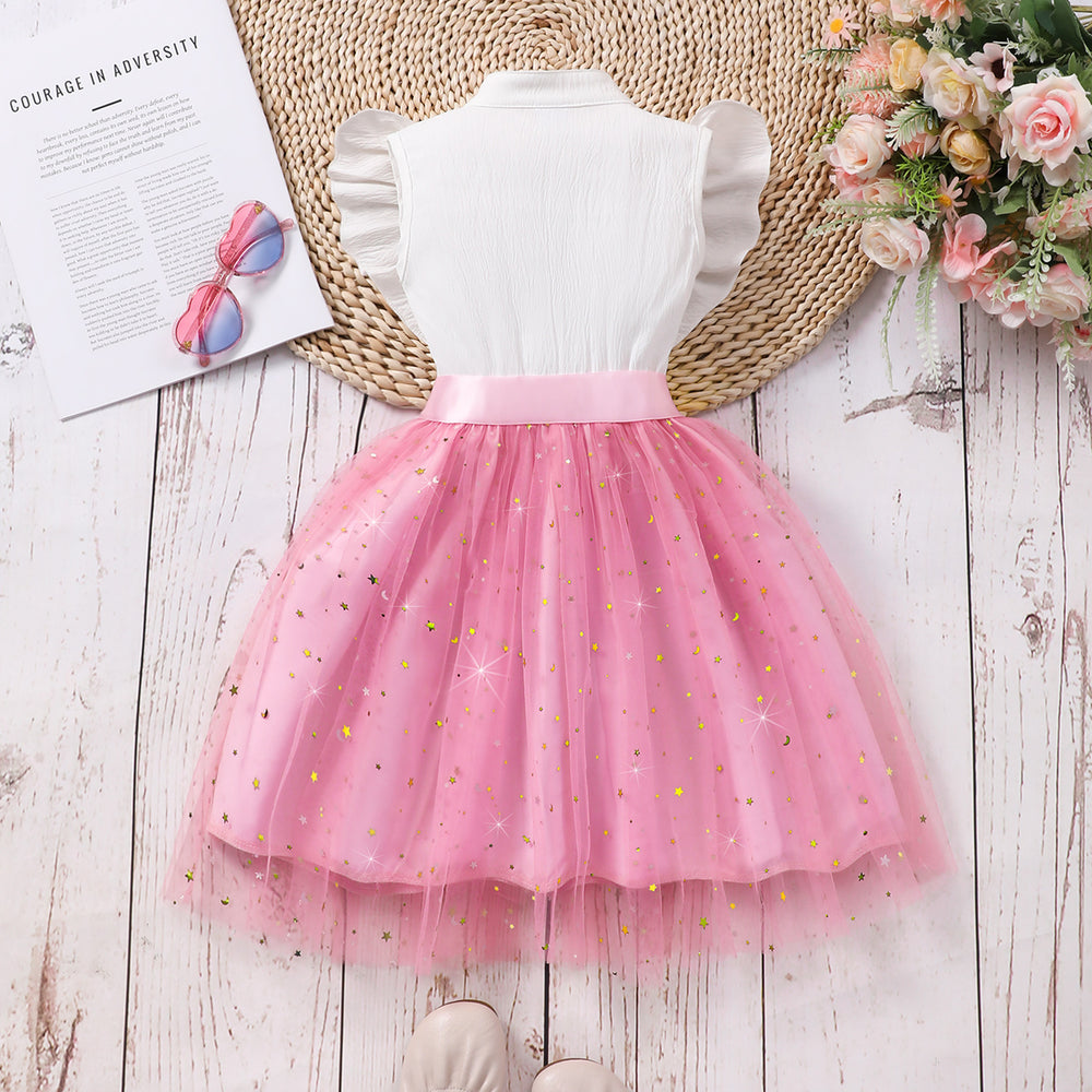 Girls' sleeveless embroidered mesh dress with turn-down collar and woven belt