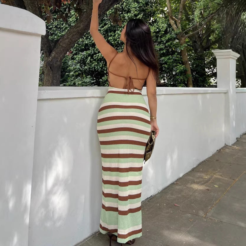 knitted maxi dress - european & american style sleeveless cutout backless striped sundress