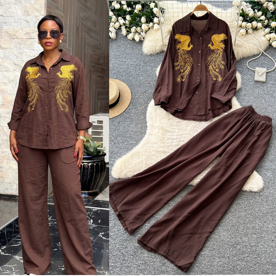 Lazy style pink embroidershirtloose pantstwo-piece setfemaleautumwork clothingslimming lookelegantsuitcasual