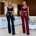 C7540 cross-border   fashion women's sexy casual eyelet button top and pants set