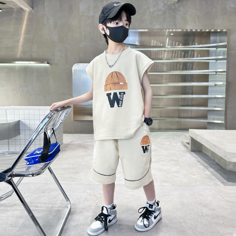 Boys' summer outfit set, new  styles for mid-to-large children, lightweight summer short-sleeve two-piece set, super cool kids' clothing