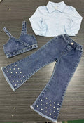 new autumn cross-border girls' collared shirt, denim vest, beaded denim flare pants three-piece set