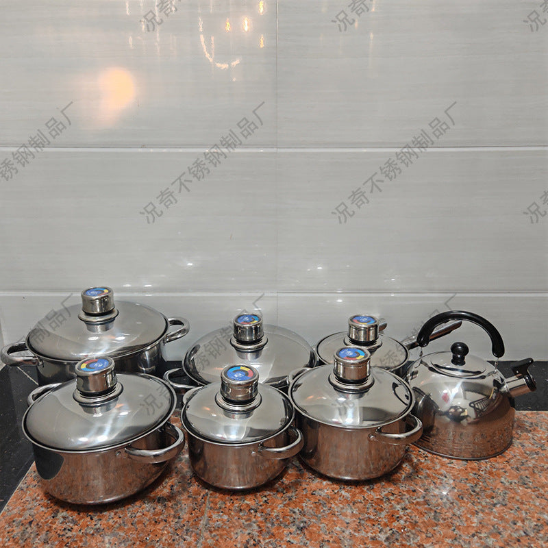Thermometer suit pot export africa stainless steel multi bottom 14-piece pot set non-stick frying pan milk pot soup pot cookware