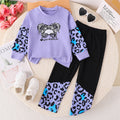 girls' purple long-sleeve top and leopard print color block cartoon print pants two-piece set for autumn