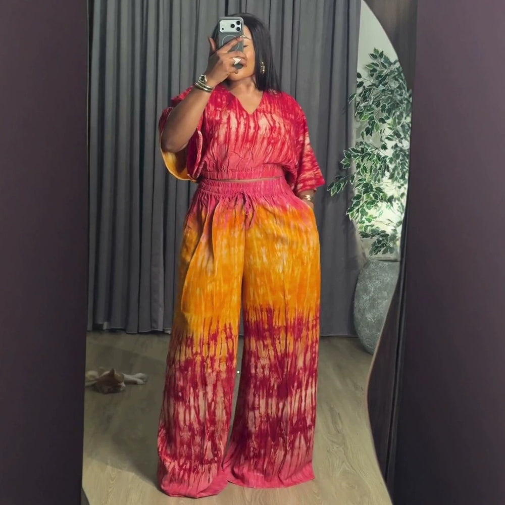 European and american cross-border african women's clothing  summer new fashion loose plus size printed v-neck top and pants set
