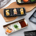 Japanese-style ceramic three-compartment dish - sauce, snack, and vegetable plate - rectangular sushi plate - restaurant-grade wholesale from manufacturer