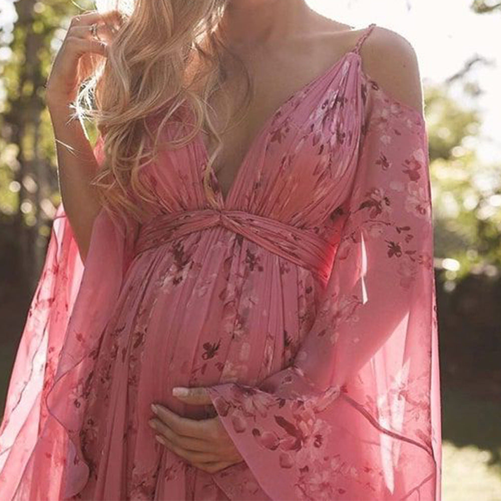 new autumn/winter cross-border fashion: european & american v-neck floral print pink maxi dress - plus size maternity swing dress