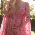 new autumn/winter cross-border fashion: european & american v-neck floral print pink maxi dress - plus size maternity swing dress
