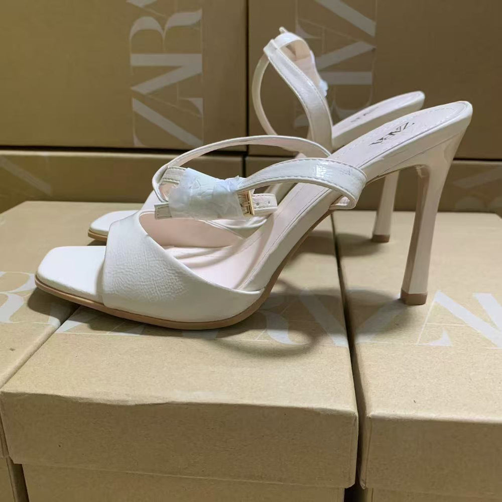 Za's 2025 new collection: unique square-toe white open-toe sandals for women - french chic, minimalist, stiletto heel, single strap