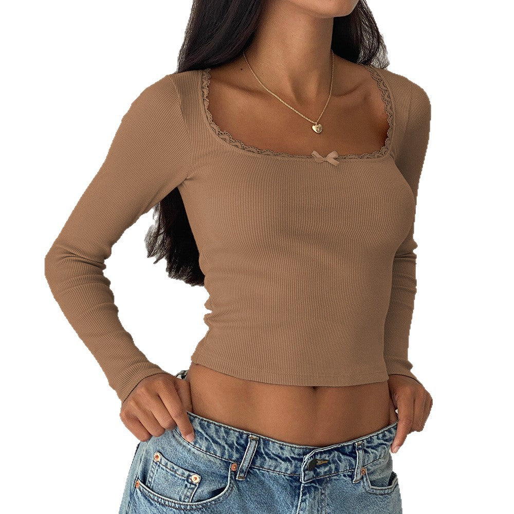 European and american style  new solid color bowknot lace cropped t-shirt, fashionable versatile long sleeve slim fit top for women