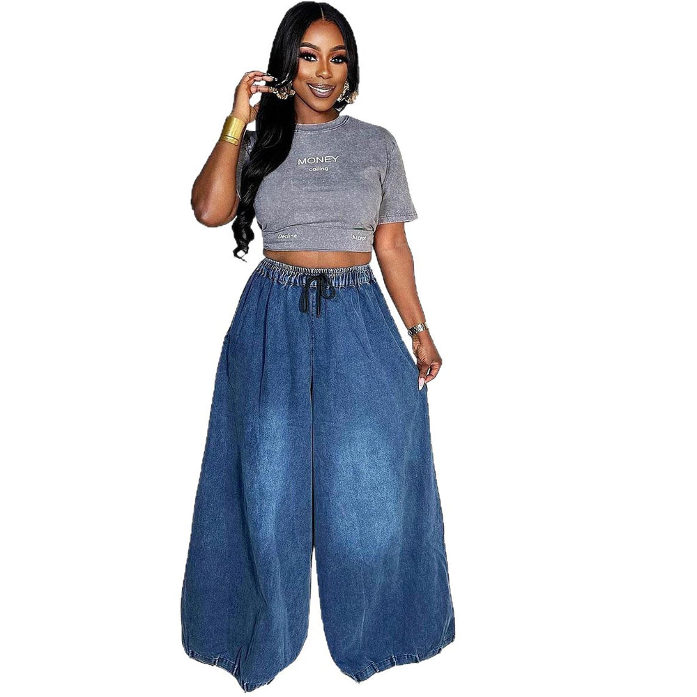 European and american style loose fit jeans - new women's casual streetwear wide leg pants with elastic waistband for  cross-border e-commerce