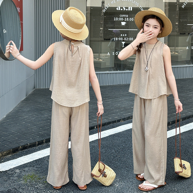 Girls' summer outfit: new  chinese style sleeveless top and wide-leg pants set - trendy two-piece casual set