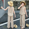 Girls' summer outfit: new  chinese style sleeveless top and wide-leg pants set - trendy two-piece casual set