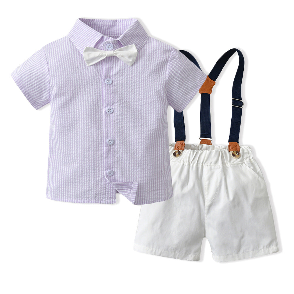 Wholesale children's clothing direct from the manufacturer: boys' preppy-style short-sleeved plaid shirt and suspender shorts set, dropshipping available