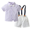 Wholesale children's clothing direct from the manufacturer: boys' preppy-style short-sleeved plaid shirt and suspender shorts set, dropshipping available