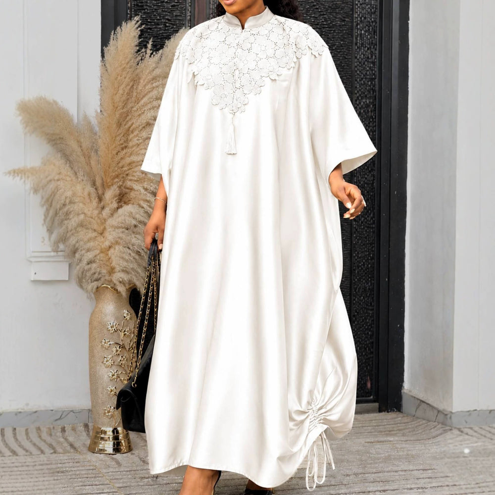 Solid color satin stand collar lace elegant dress - loose fit irregular drawstring chic african bubu robe dress