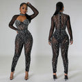 C6788 cross-border   fashion women's solid color mesh rhinestone long sleeve pants jumpsuit