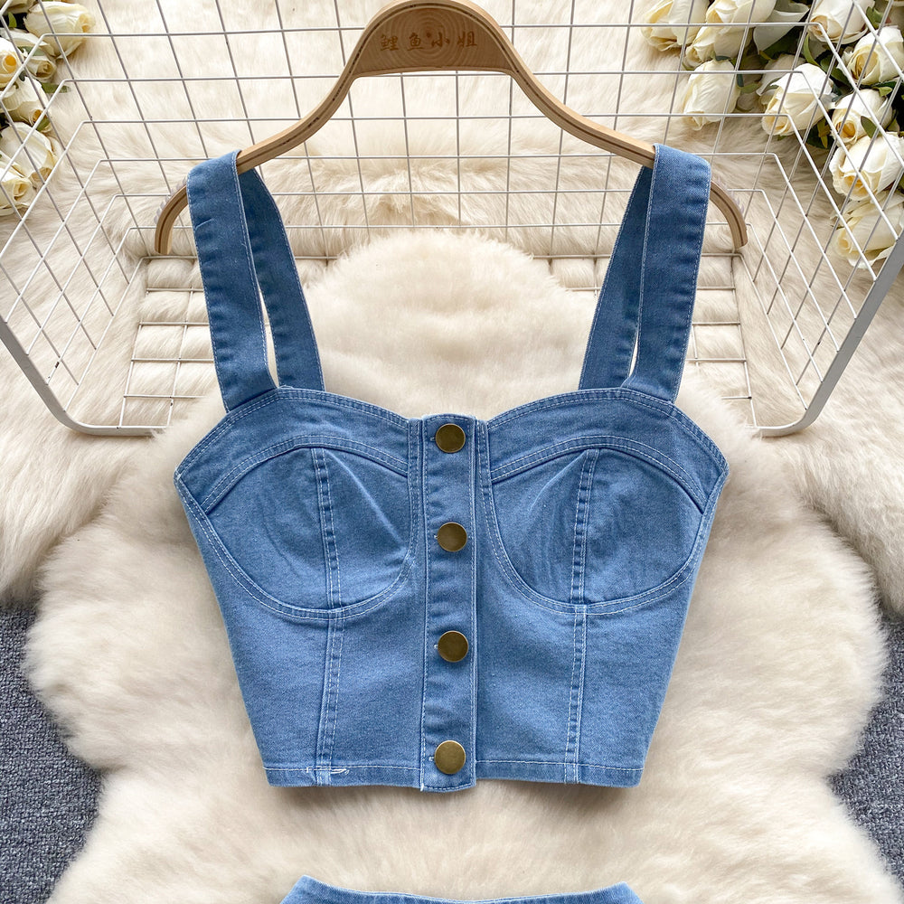 Chic hong kong retro hot girl style suit short camisole easiest for match mini skirt denim two-piece set trendy