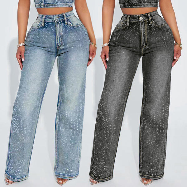 S391414 Cross-border European and American women's clothing casual women, hot diamond straight jeans, fashionable versatile casual trousers