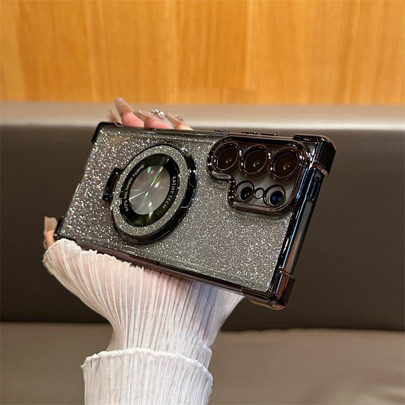 Suitable for samsung s25ultra glitter powder magnetic holder mobile phone case s26 electroplated four corners anti-fall note20 case a37