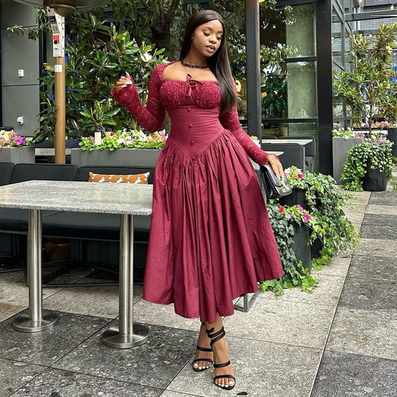 European and american cross-border women's fashion:  summer new arrival - elegant square neck lace long sleeve cinched waist solid color midi dress