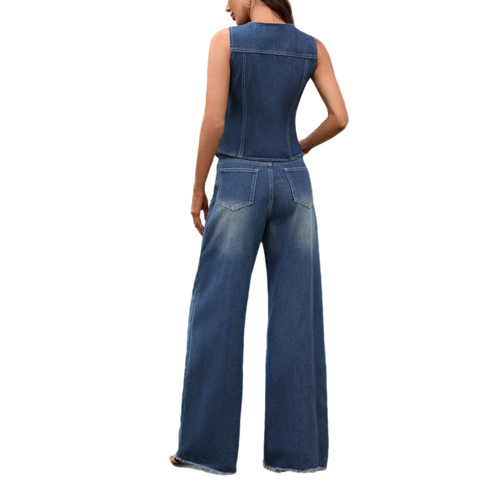European and american cross-border e-commerce autumn  washed denim vest and slim-fit bootcut jeans two-piece set