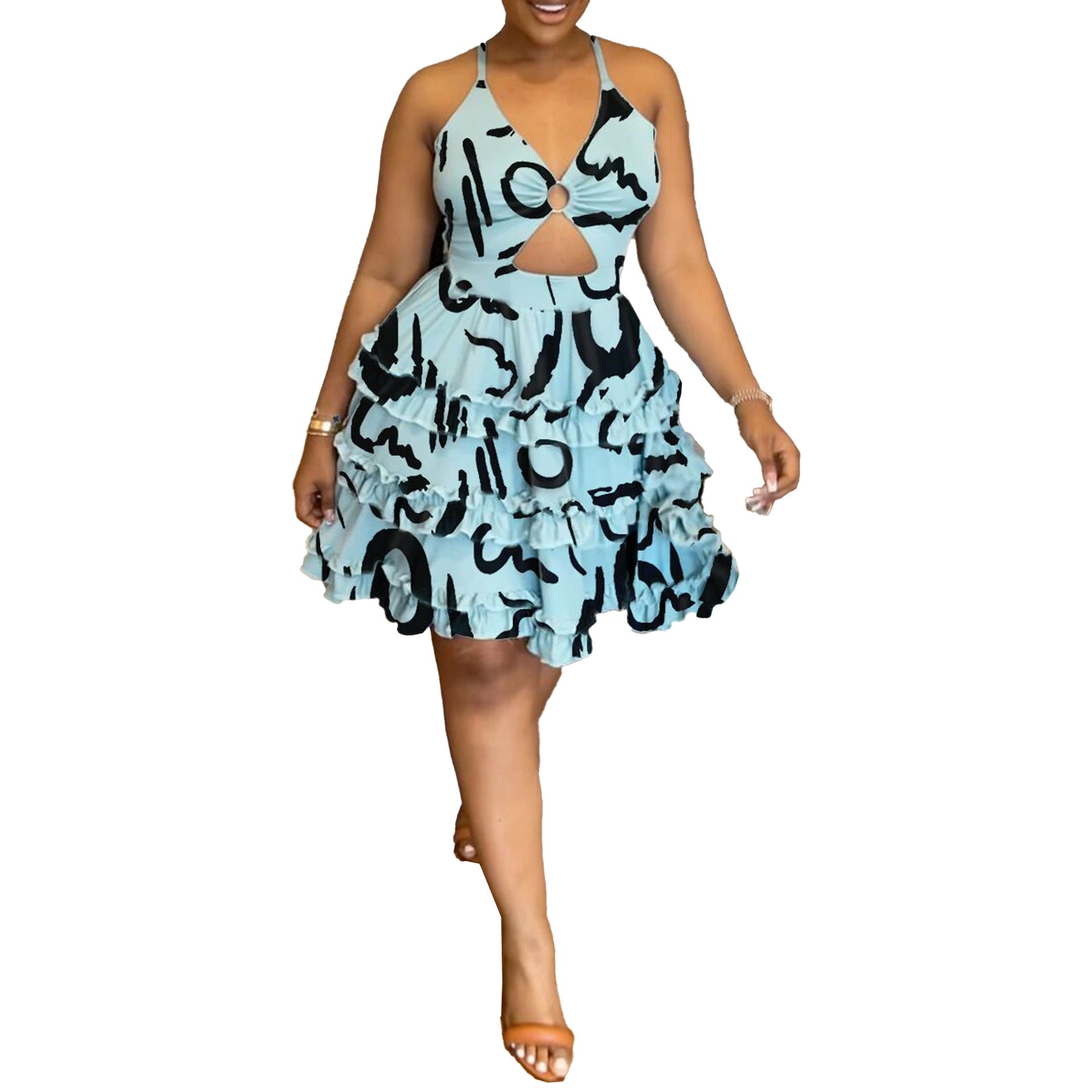 S10538 European and American, sexy, slim fit, printed fungus edge elastic cross suspender hollow cake dress dress