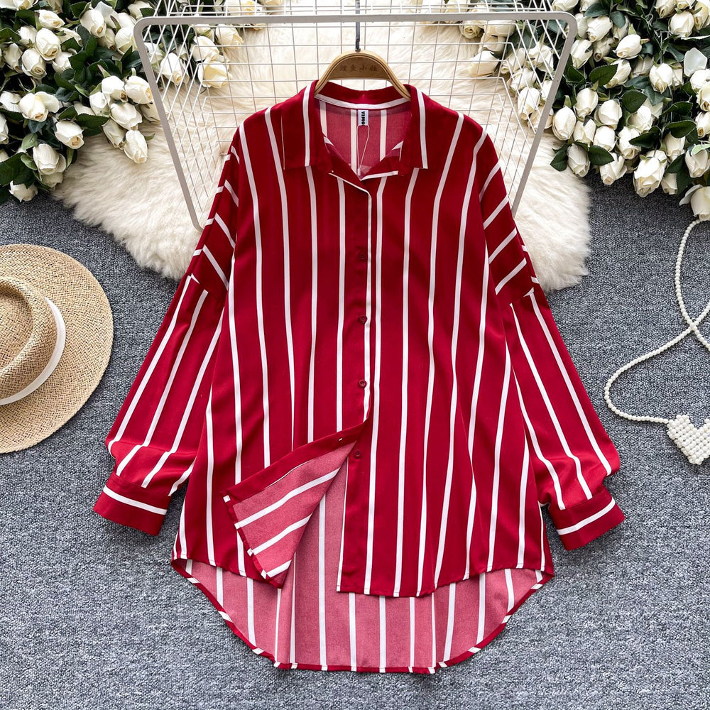 Long-sleeved striped shirt - women's autumn new arrivals, european & american style, casual, versatile, loose fit, slimming, mid-length, plus size, trendy blouse