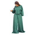 European and american cross-border women's fashion  spring new arrival: elegant round neck beaded lantern sleeve top and wide leg pants set