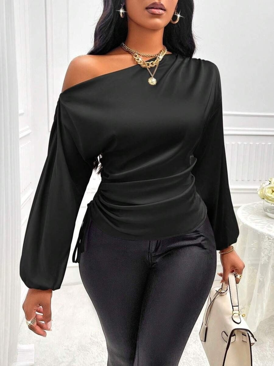 Amazon cross-border fashion new women's satin blouse - spring/summer asymmetrical long sleeve slant neck shirt top