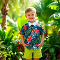 European and american children's clothing new arrivals: summer trendy floral print short-sleeve shirt and shorts set for boys - hawaiian beach style