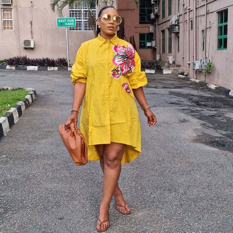 Exportplus size women's clothing loose version sequinembroider large flower casual women's clothing lantern sleeve mid-length shirt dress clear