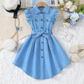 Exportgirldress imitation denim blue flying sleeves single breasted bows belt shirt skirt kids a-line skirt