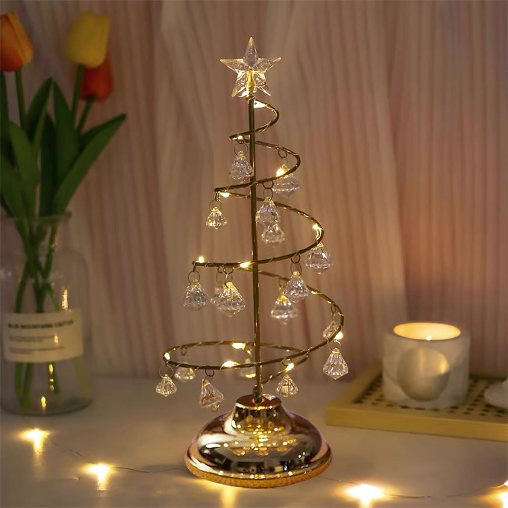 Crystal Christmas Tree Light Christmas Ornament Gift Wrought Iron LED Luminous Table Tabletop Ornament Night Light