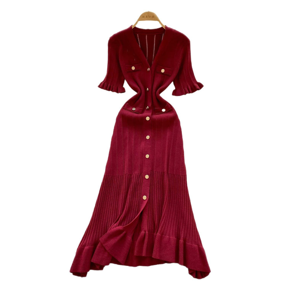 French retro chic knit dress - women's summer ruffle trim single-breasted design - elegant & luxe maxi dress