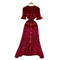 French retro chic knit dress - women's summer ruffle trim single-breasted design - elegant & luxe maxi dress
