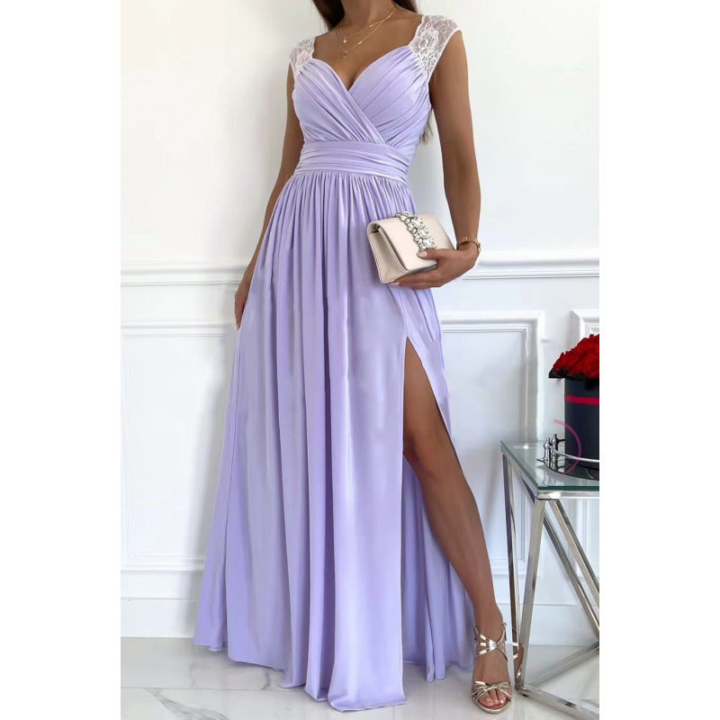independent station  hot style sleeveless lace hem slit european and american women's dress