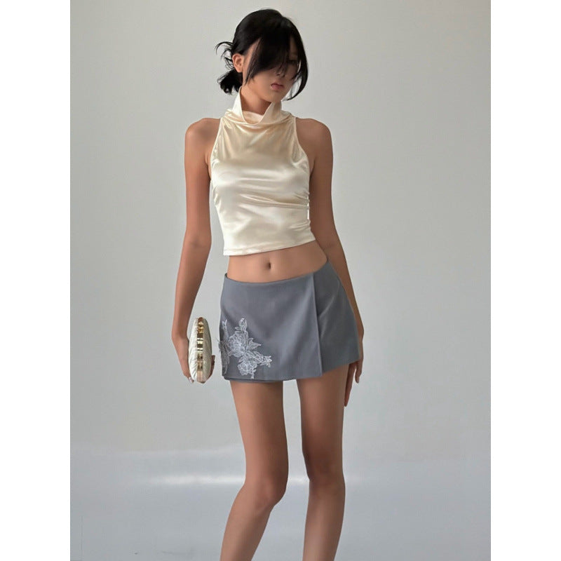 European and american women's clothing  summer new slim-fit cropped turtleneck satin crop top embroidered bodycon skirt set