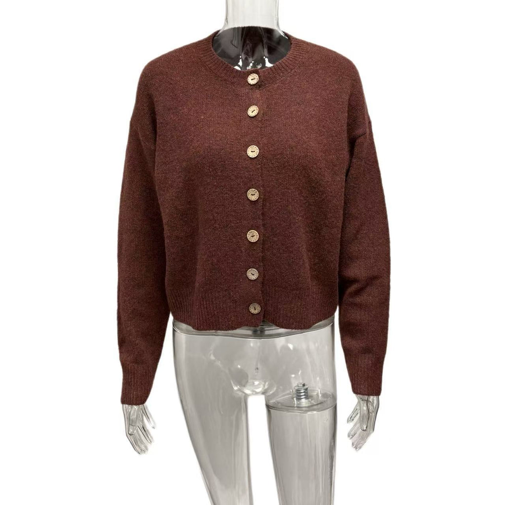 Cross-border Europe, America and 2025 autumn new sweater women's long-sleeved button-up versatile crew neck knitted cardigan jacket women