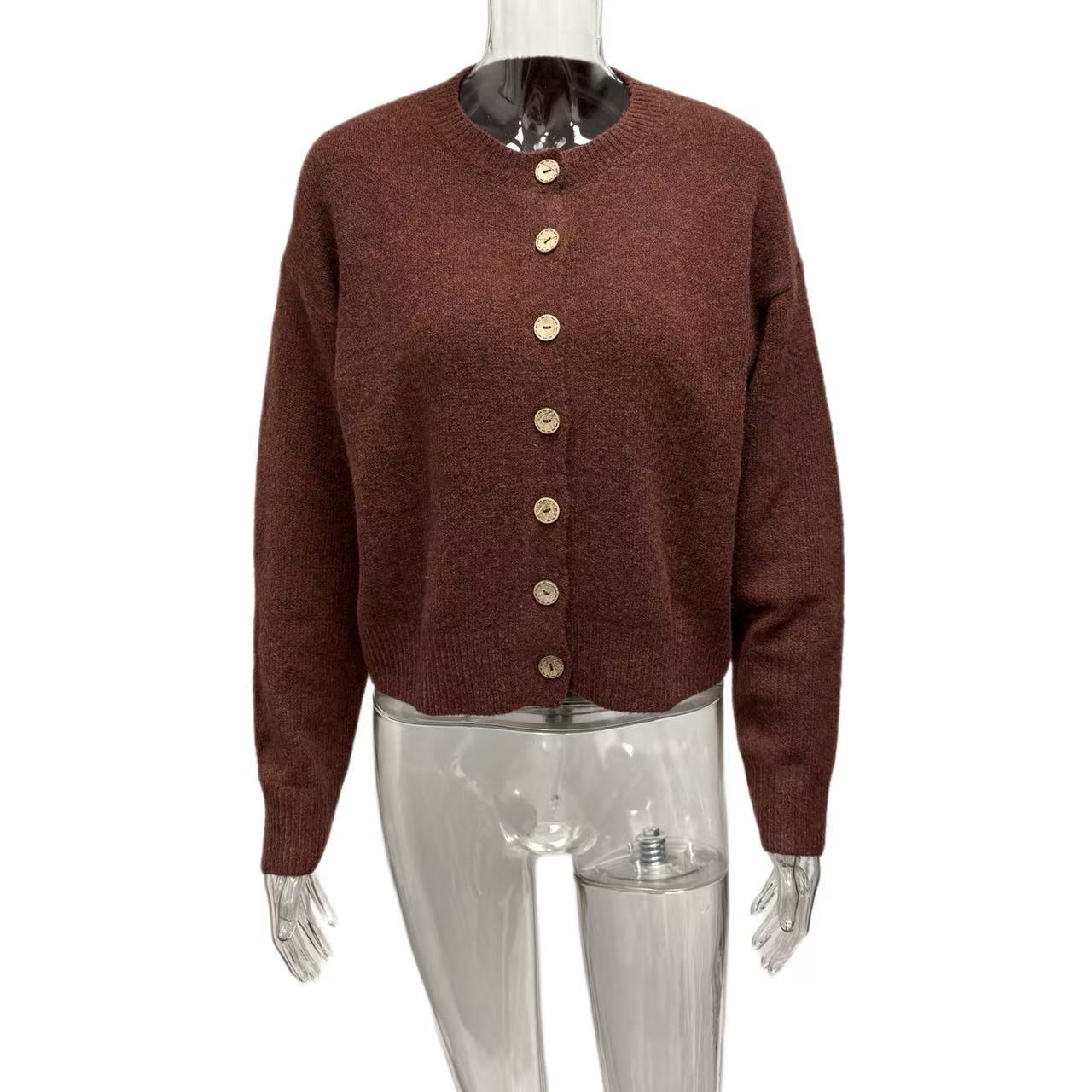 Cross-border Europe, America and 2025 autumn new sweater women's long-sleeved button-up versatile crew neck knitted cardigan jacket women