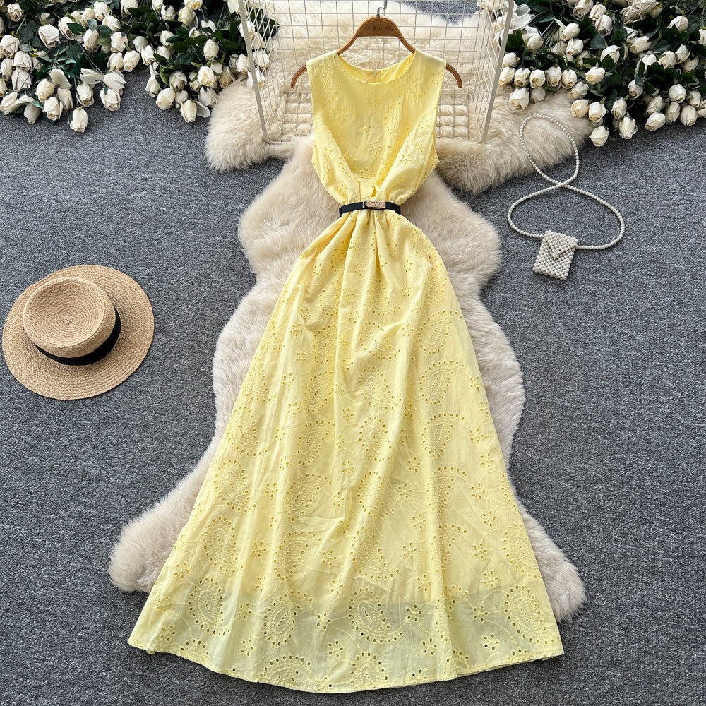 Luxury round neck sleeveless cutout dress - women's summer green a-line maxi dress - high waist, slimming, and figure-flattering - premium quality