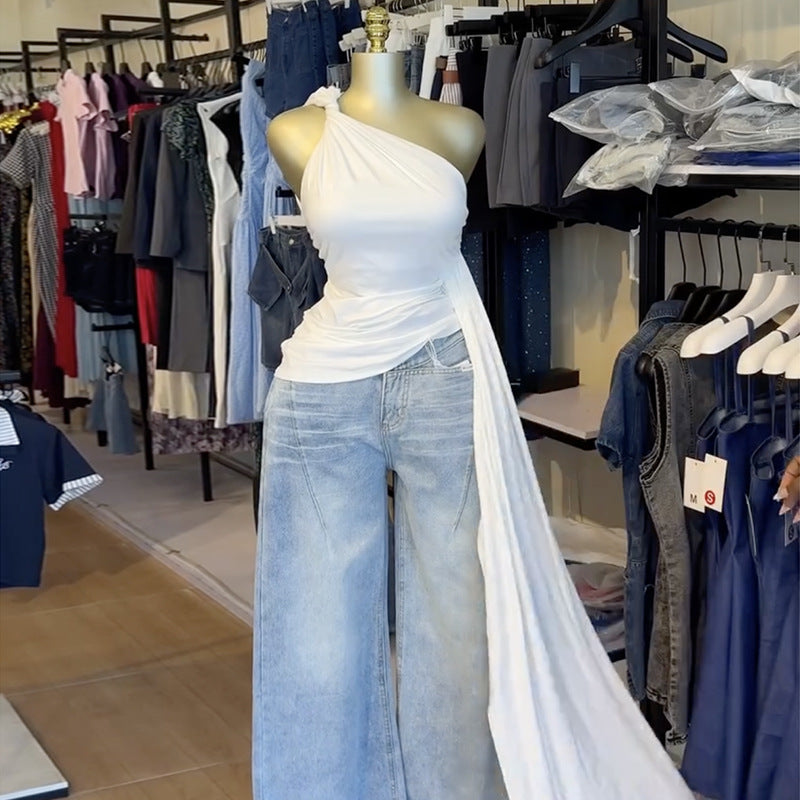 European and american cross-border women's fashion:  spring new arrival - elegant asymmetrical off-shoulder slim-fit white camisole top