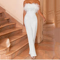 spring/summer new arrivals: european and american style women's feather bandeau color block pants one-shoulder backless sexy jumpsuit